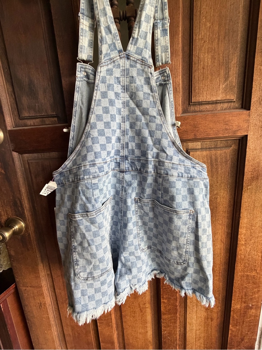 No Boundaries Light Blue Checkered Denim Overall Dress